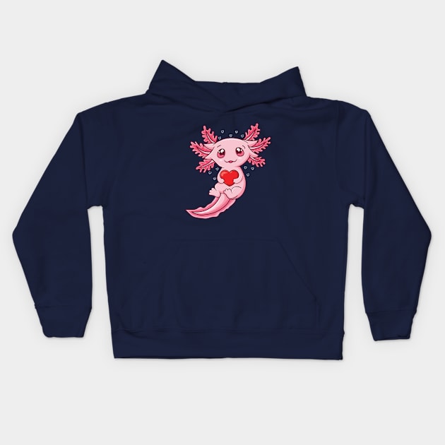 Kawai Axolotl with Heart Cute Axolotl Lovers Valentines Day Kids Hoodie by UNXart